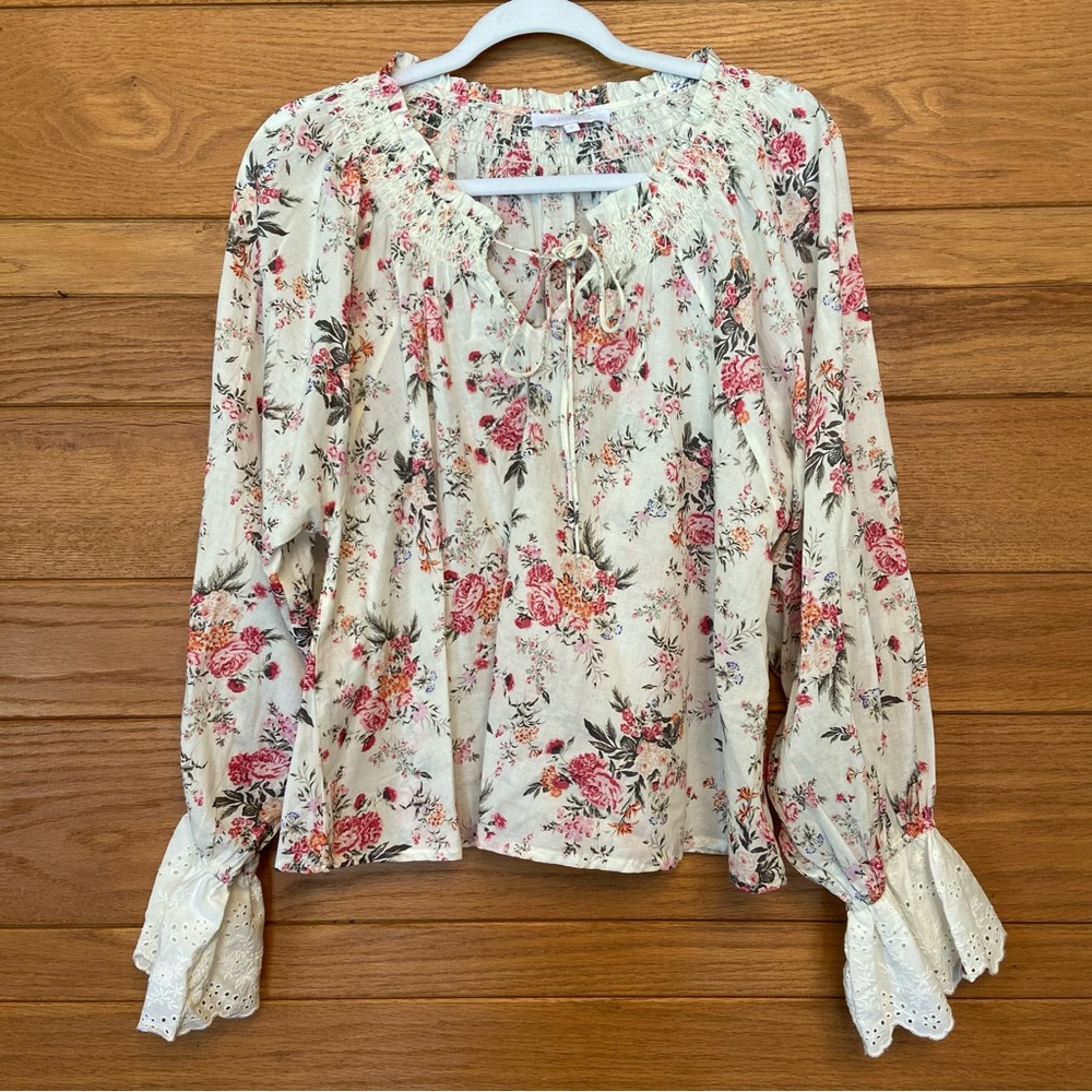 Olivaceous pink floral boho long sleeve blouse
